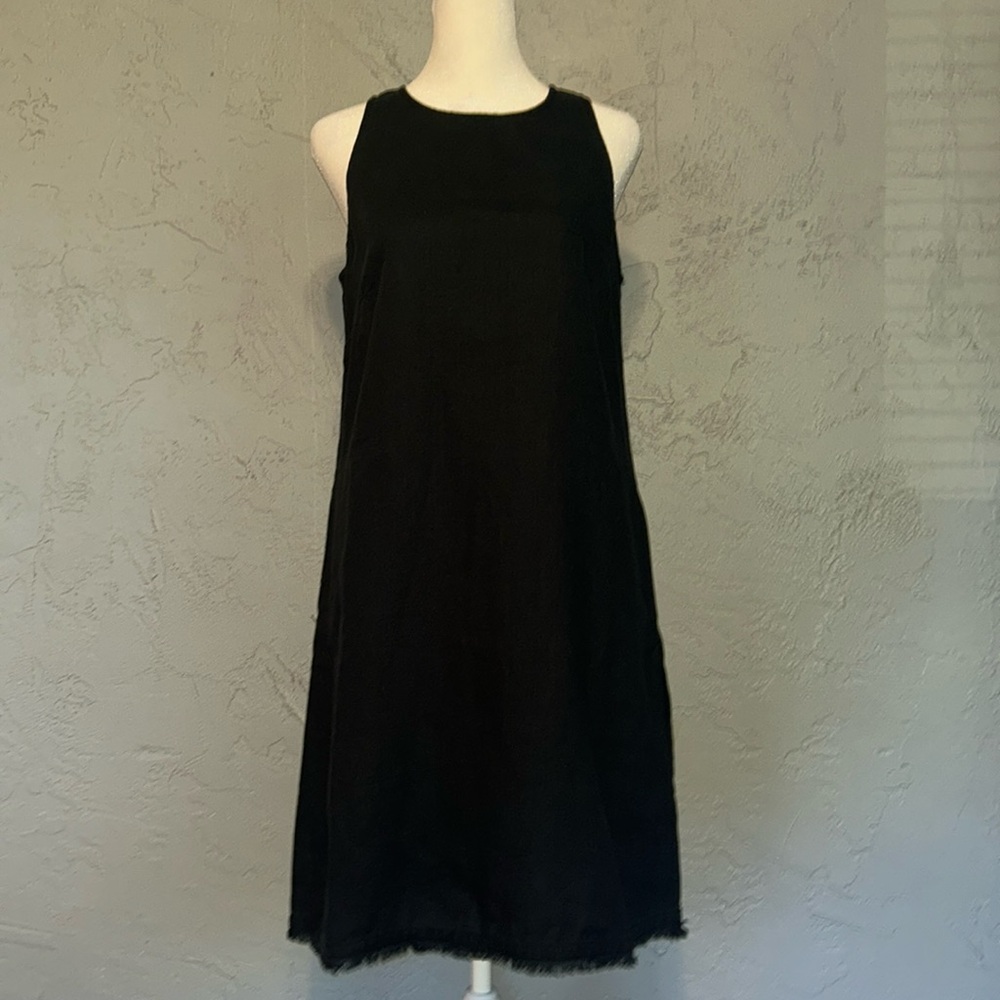 Garnet Hill Black Linen Fringe-Hem A-Line Dress